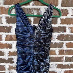 Le Chateau Ruched Dress Small Bodycon Blue Black Sleeveless Party Cocktail Y2K